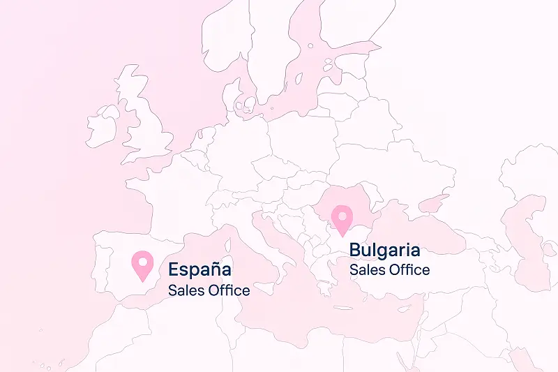 Carte de l'Europe avec deux épingles, une en Espagne et une autre en Bulgarie, avec les bureaux de vente de TopDermal